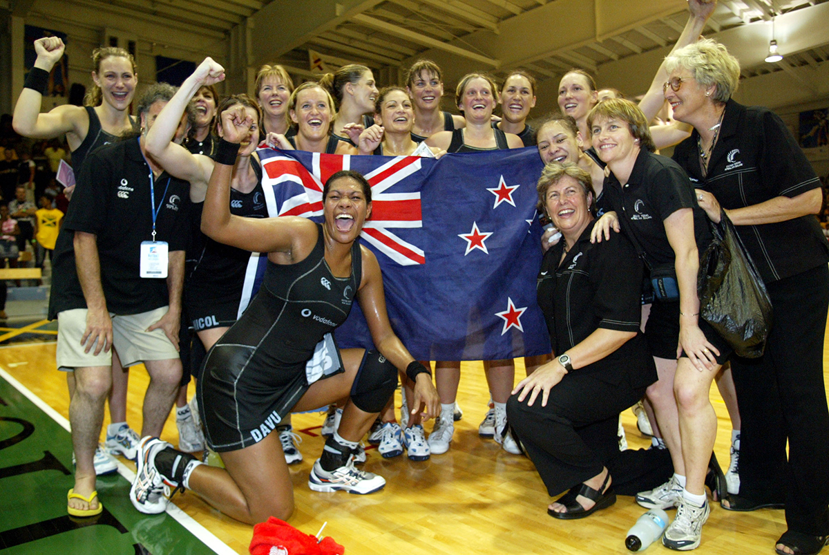 The Silver Ferns celebrate after the final between the Silver Ferns and Australia at the World Netball Champs held at the Independance Park Stadium in Jamaica