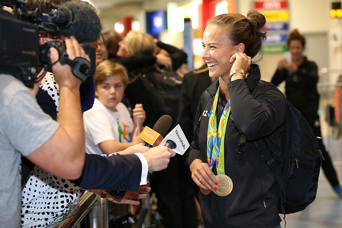 Canoe Sprint Double Olympic medalist Lisa Carrington arrives during the New Zealand Olympic Games athlete home coming at Auckland International Airport