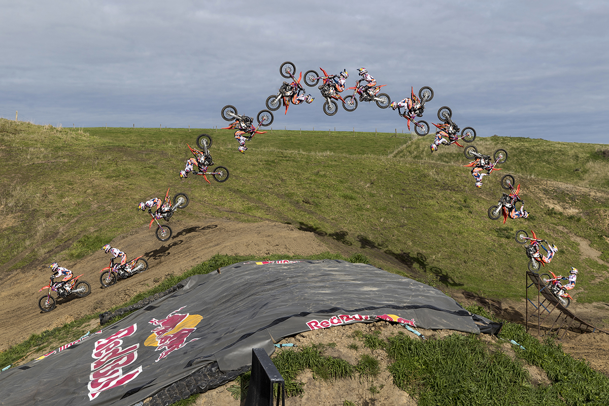 Levi Sherwood performs a double back flip to dirt at his FMX training track in Palmerston North New Zealand on May 16 2017