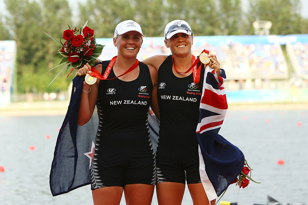 Georgina Evers Swindell and Caroline Evers Swindell of New Zealand celebrate the gold medal in the Womens Double Sculls Final at the Shunyi Olympic Rowing Canoeing Park on Day 8 of the Beijing 2008 Olympic Games