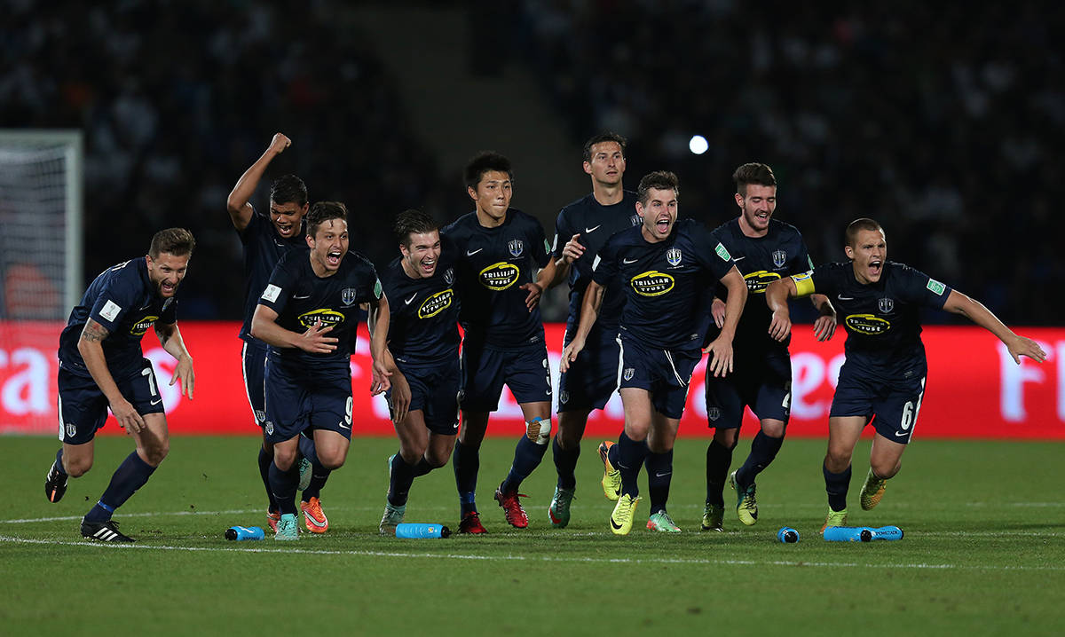 Auckland City celebrate after winning the penalty shoot out during the FIFA Club World Cup 3rd Place match between Cruz Azul FC in Morocco