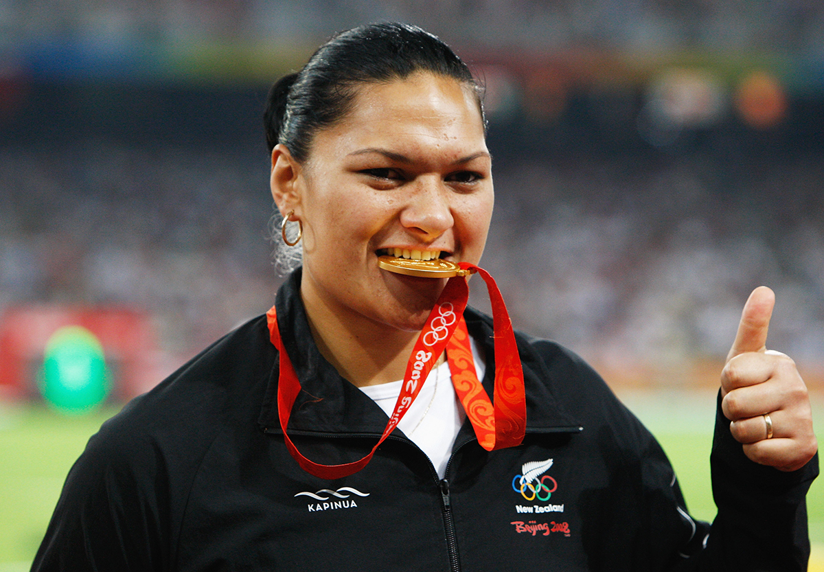 3. Valerie Adams of New Zealand receives the gold medal during the medal ceremony for the Womens Shot Put Final held at the National Stadium on Day 9 of the Beijing 2008 Olympic Games on August 17 2008 in Beijing China