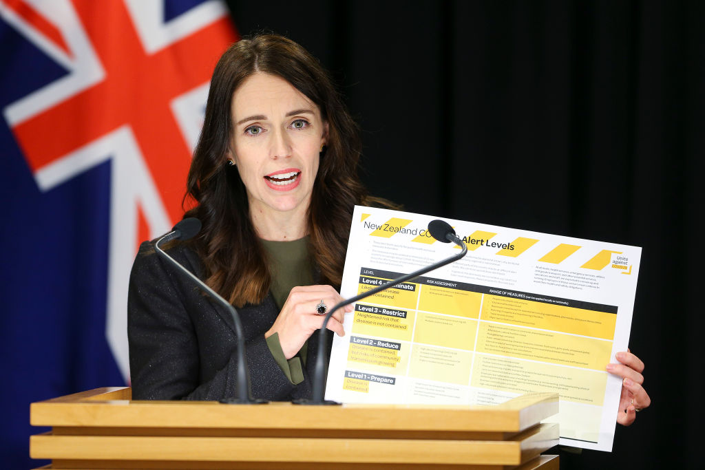 GettyImages 1213783200 Jacinda Ardern holds image of new Covid-19 alert levels